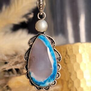 Elegant Sterling Silver Blue Banded Agate Pendant with Pearl Accent